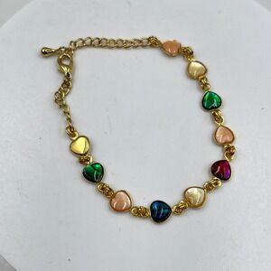 Vintage Gold Tone Multicolor Heart Link Bracelet Colorful Charm Style Adjustable